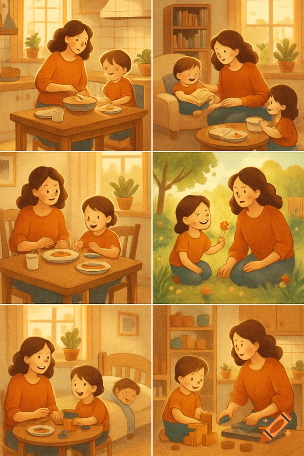 A grid of warm illustrations showing a mother and children engaged in daily routines: eating, reading, playing, and outdoor activities.
