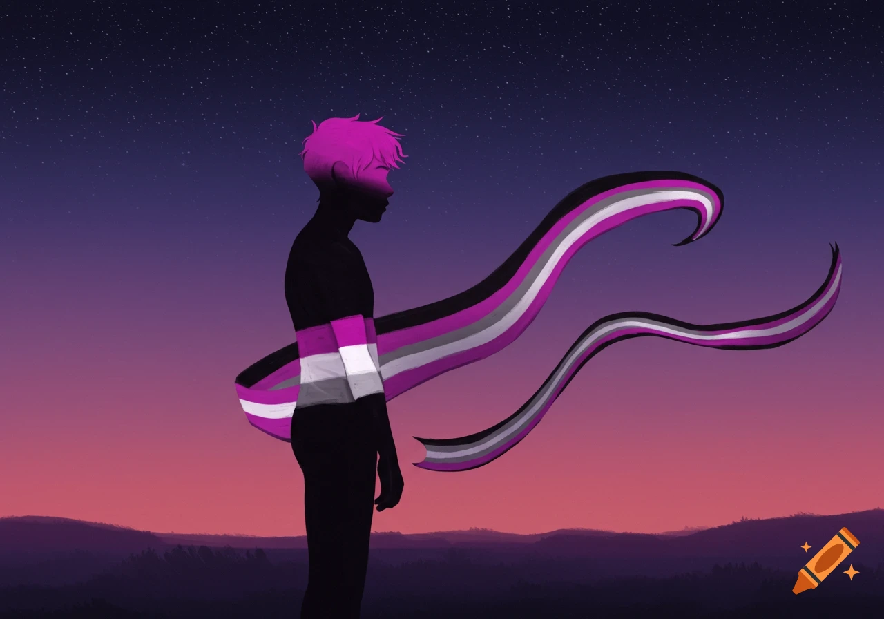 Silhouette of a person with a demisexual flag sash, standing against a gradient sunset and starry night sky.