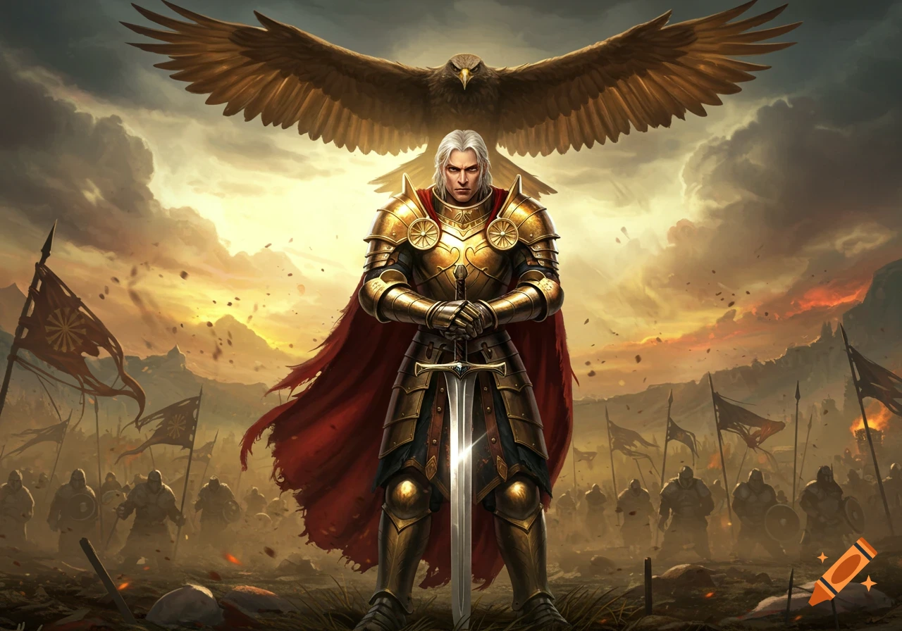 A valiant knight in golden armor holds a sword, an eagle soars overhead, and an army stands behind him on a battle-scarred field at sunset.