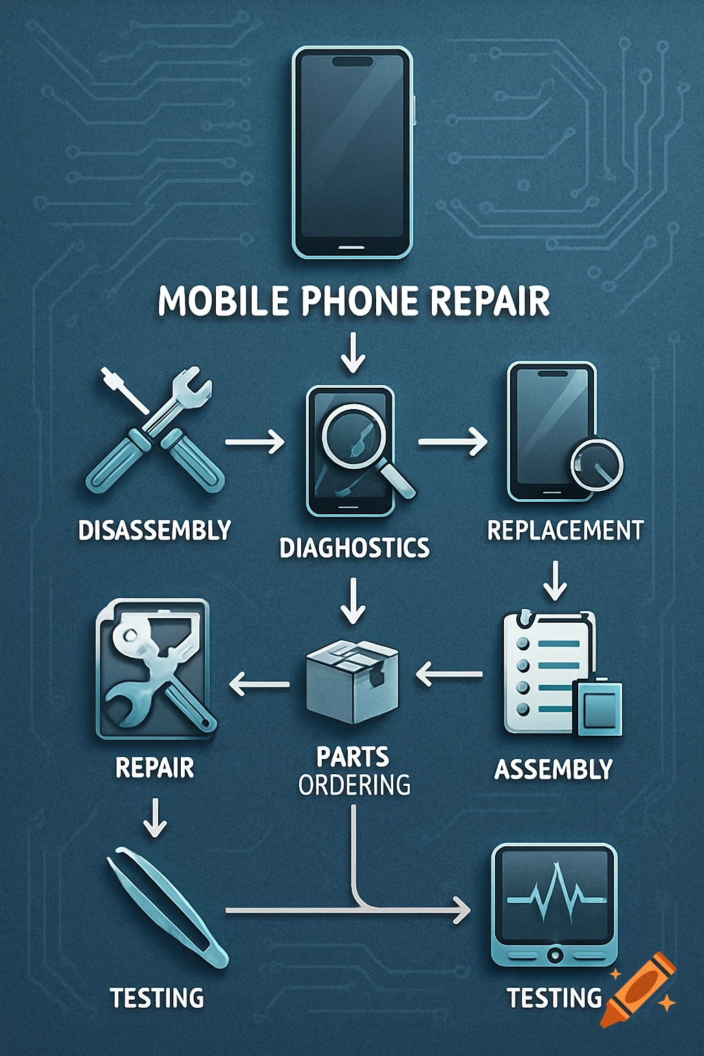 Illustrated flowchart of mobile phone repair steps: disassembly, diagnostics, replacement, repair, parts ordering, assembly, and testing.
