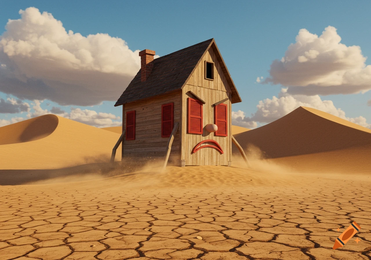 A cartoonish angry house with red shutters and a frowning mouth stands in a vast desert with sand dunes and cracked ground.