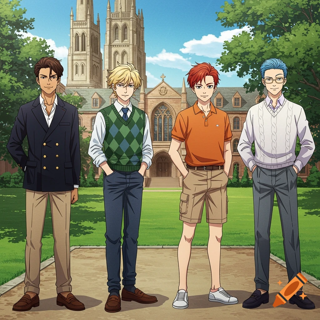Four young men in preppy attire stand on a manicured lawn in front of a gothic university building under a clear blue sky, in an anime art style.