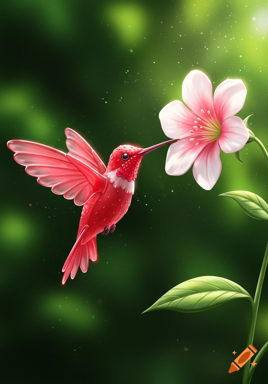 A vibrant red hummingbird with a strawberry-like texture sips nectar from a pink flower against a blurred green background.