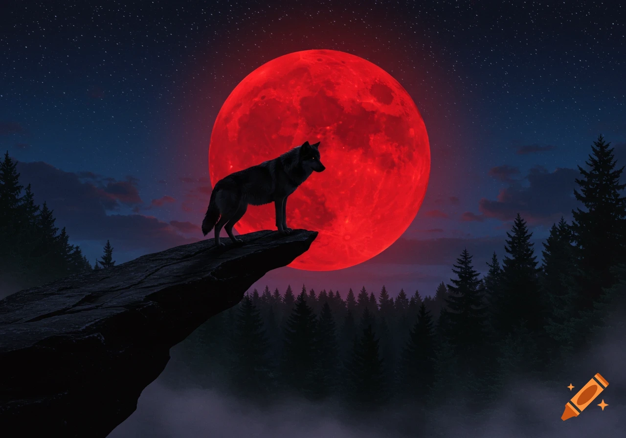 A black wolf stands on a cliff under a large, blood-red moon, overlooking a misty forest at night with stars.
