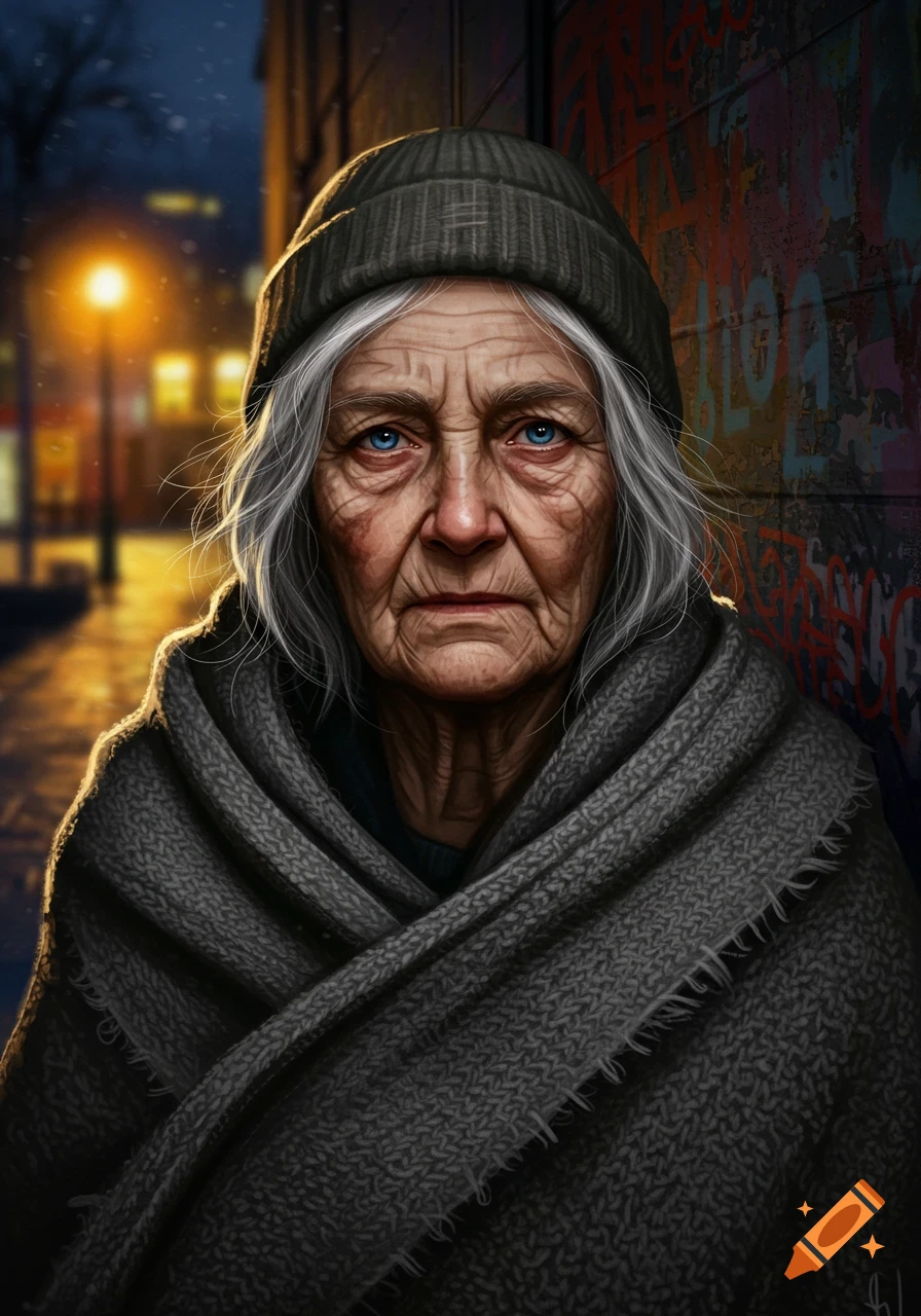 A somber elderly woman with white hair and blue eyes, wearing a beanie and shawl, in an urban alley at night with graffiti.