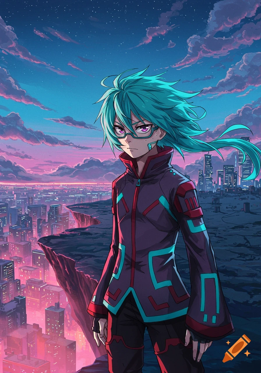 Anime character with teal hair and glasses on a cliff overlooking a futuristic city at dusk.