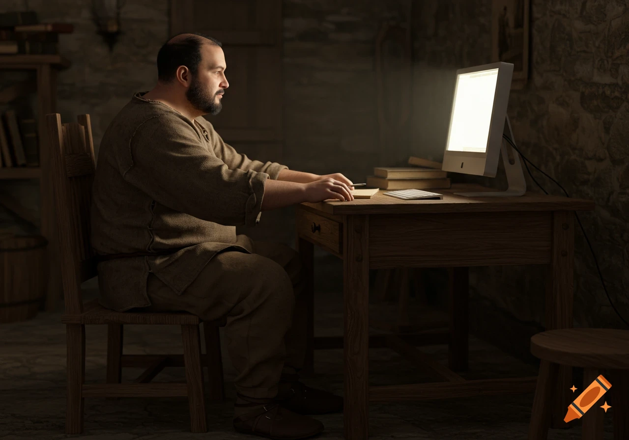 A man in medieval peasant clothing sits at a wooden desk in a dimly lit, rustic room, looking at a brightly lit modern computer screen, photorealistic.