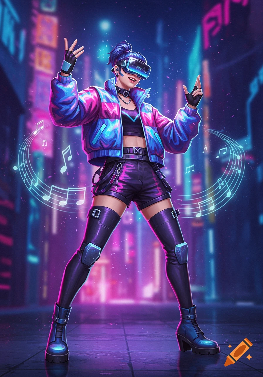 Vibrant illustration of a blue-haired woman in a VR headset, neon jacket, and shorts dancing in a cyberpunk city, surrounded by musical notes.