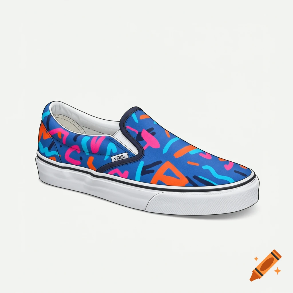 A blue Vans slip-on shoe with a vibrant abstract pattern in pink, orange, and light blue, set against a white background.