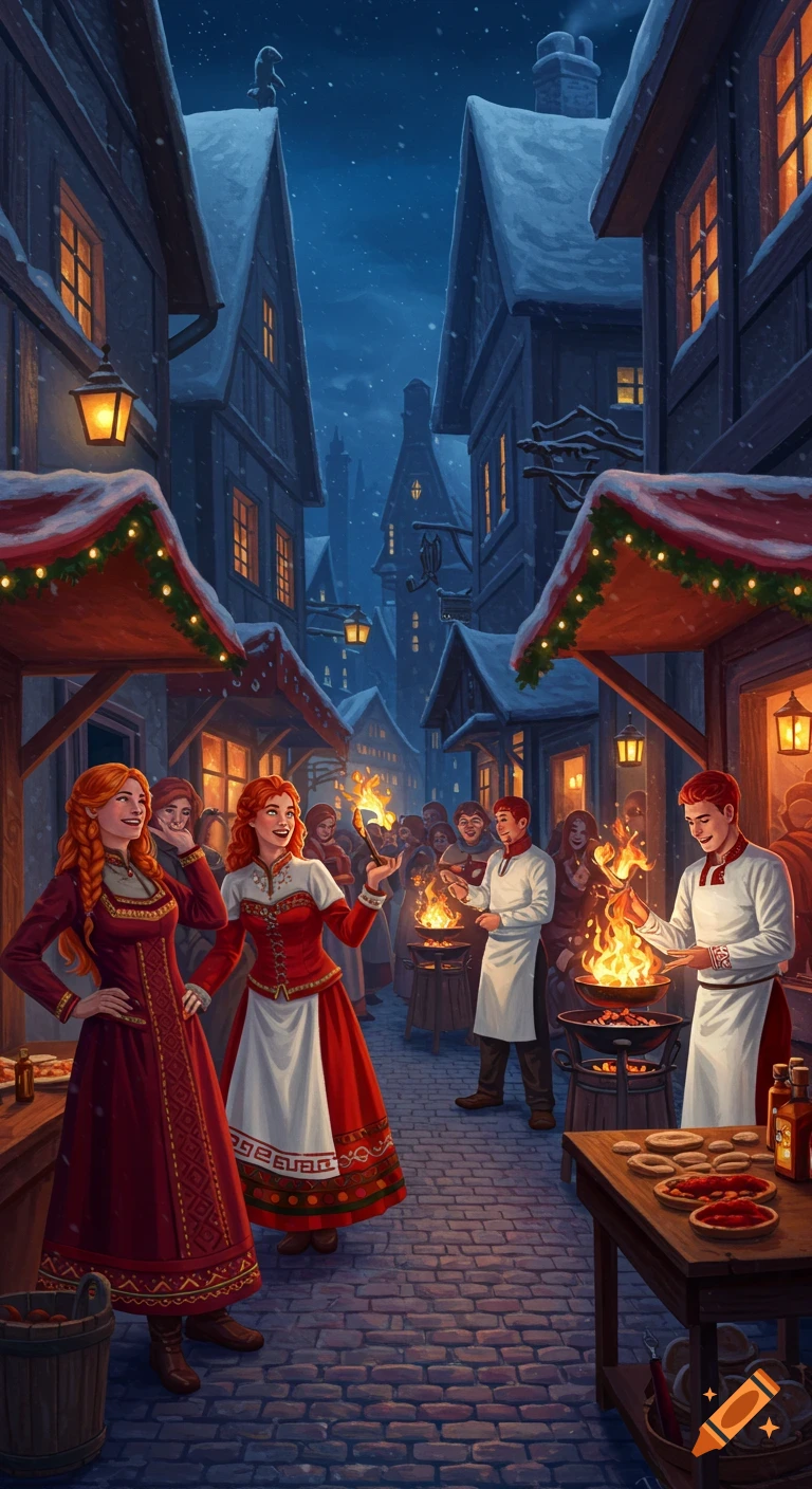 A snowy Nordic medieval town at night, bustling with a festival. Vendors use fire to cook, while people in red Nordic clothing and red hair look happy.