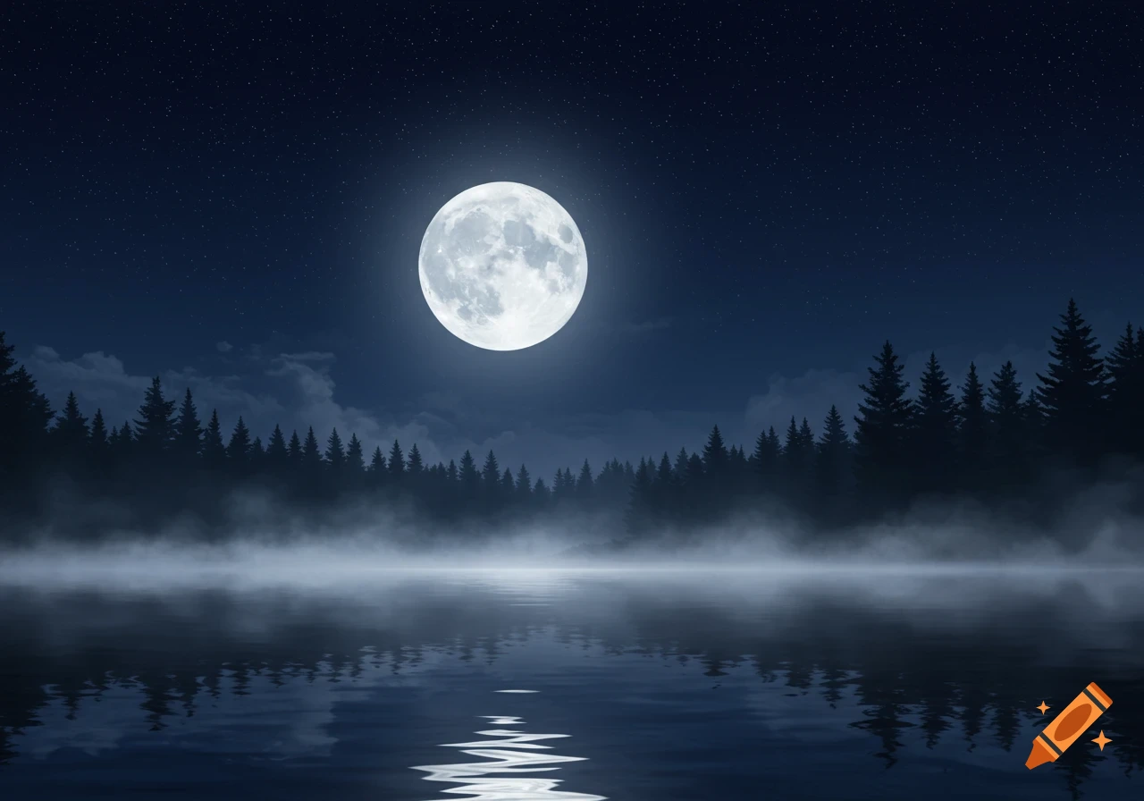 A luminous full moon hangs in a star-filled night sky above a dark forest and a misty, reflective lake.