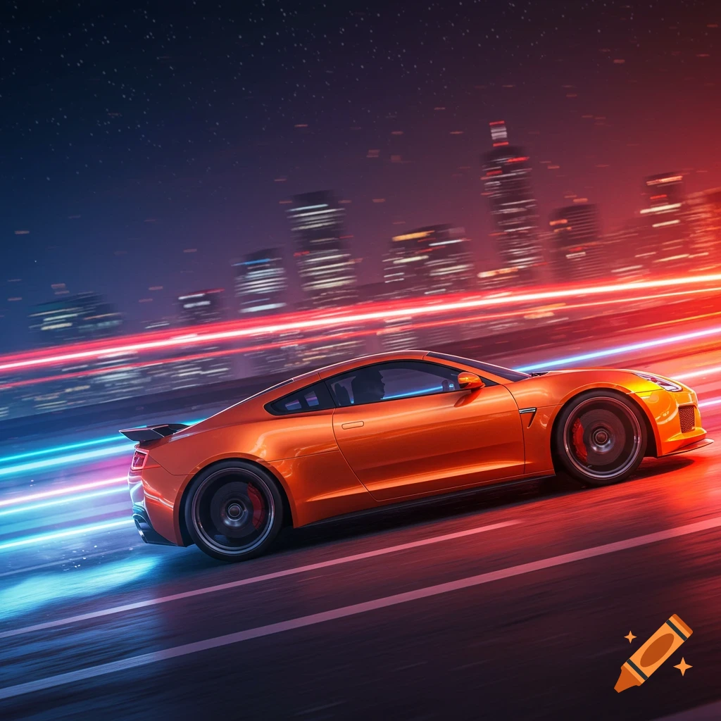 An orange sports car races on a city road at night, leaving blue and red light trails, with blurred city lights in the background.