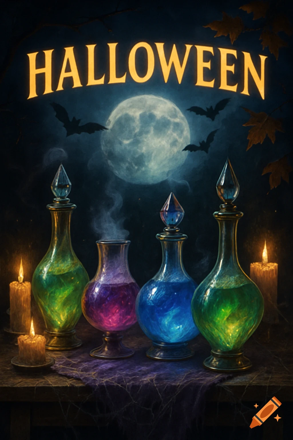 A dark Halloween scene featuring glowing potion bottles, lit candles, bats flying around a full moon, and "HALLOWEEN" text.