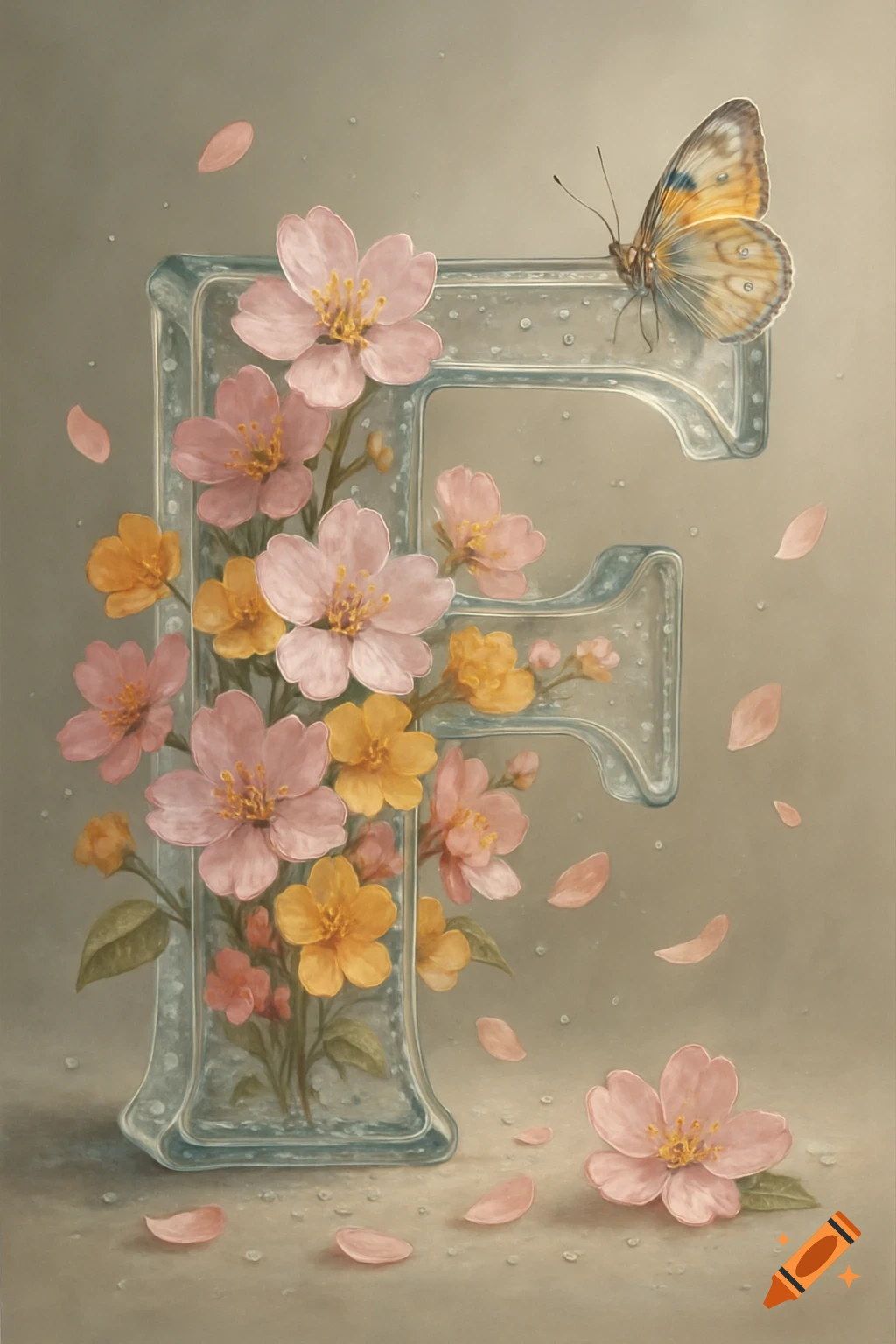 Hyperrealistic illustration of a transparent glass capital 'F' adorned with pink and yellow spring flowers, petals, and a butterfly.
