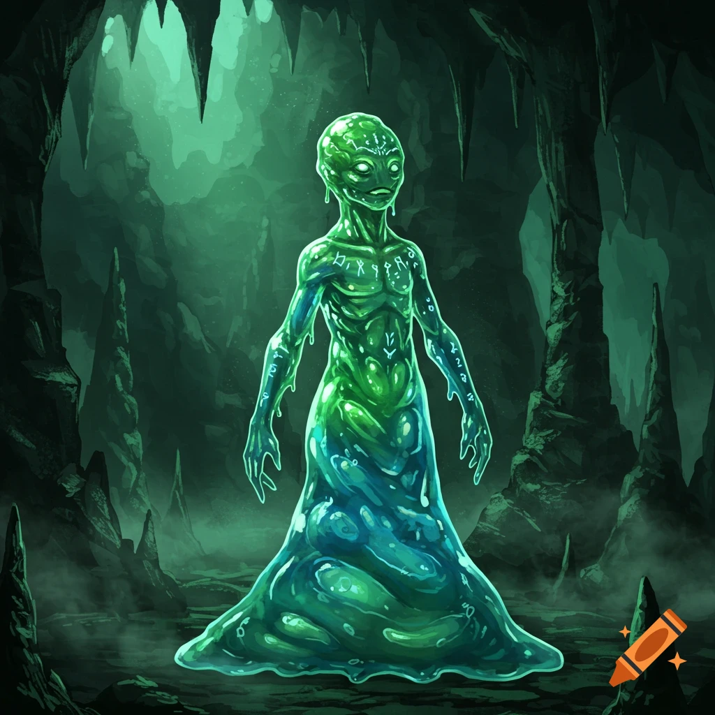A glowing green and blue slime humanoid with runes stands in a dark, mysterious cave with stalactites.