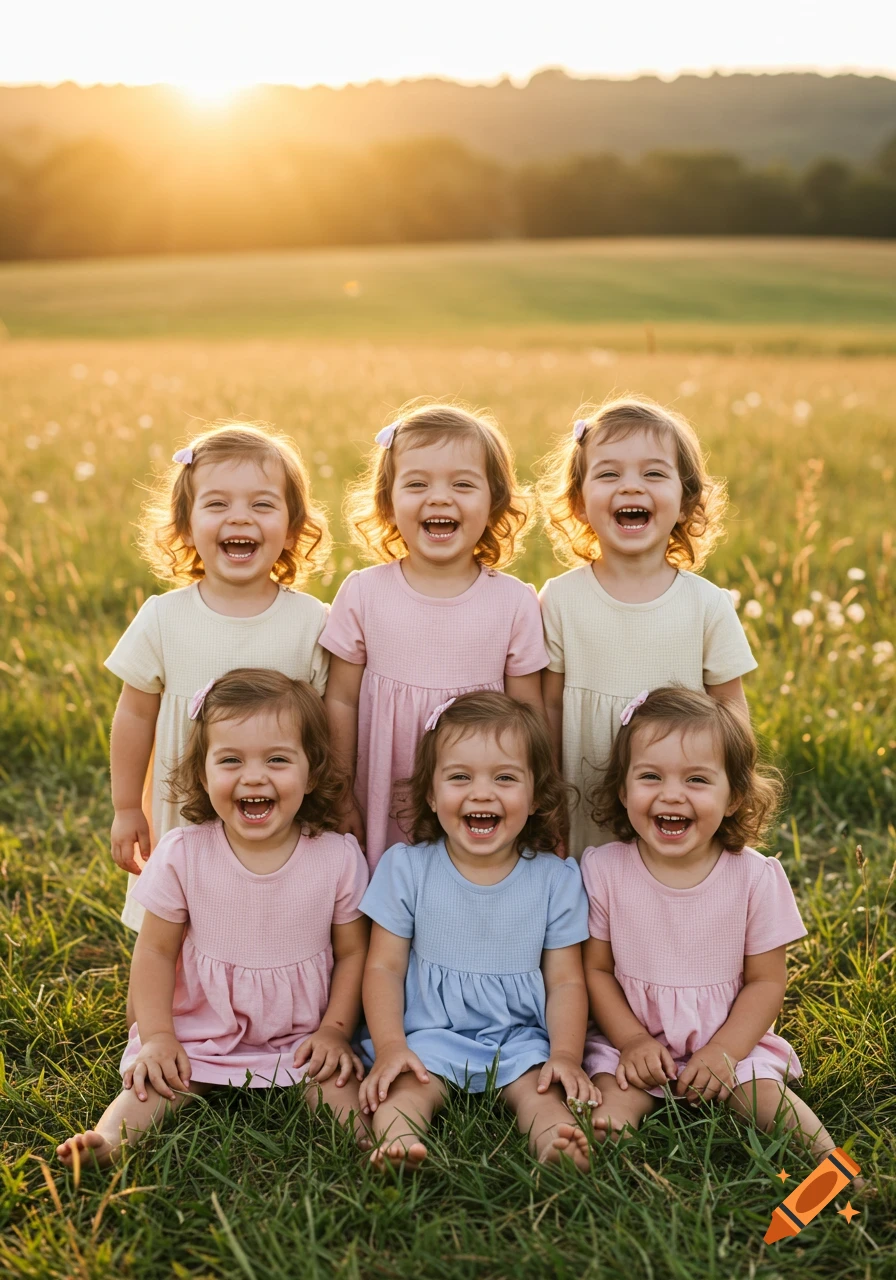 Six identical children, laughing and smiling, pose in a sunny golden field at sunset.