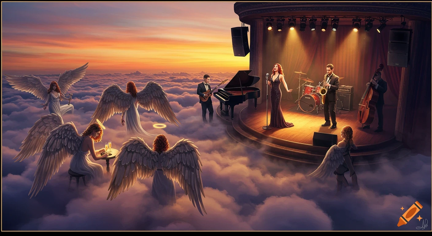 A magical jazz club on clouds at sunset, with a singer and musicians performing while angels with wings gather, some drinking champagne.