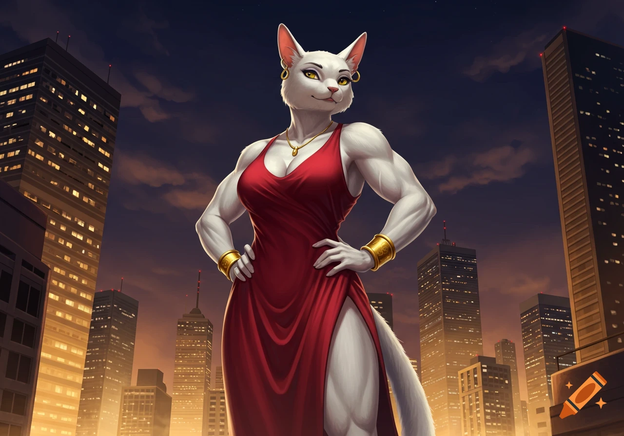 An anime-inspired drawing of a muscular anthropomorphic white cat in a red dress and golden jewelry, posing confidently against a night city skyline.