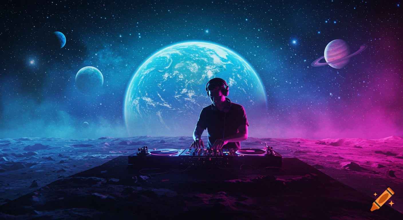 A DJ mixes music on a moon surface under a starry, retrofuturistic sky with Earth and other planets, illuminated by blue and pink neon light.