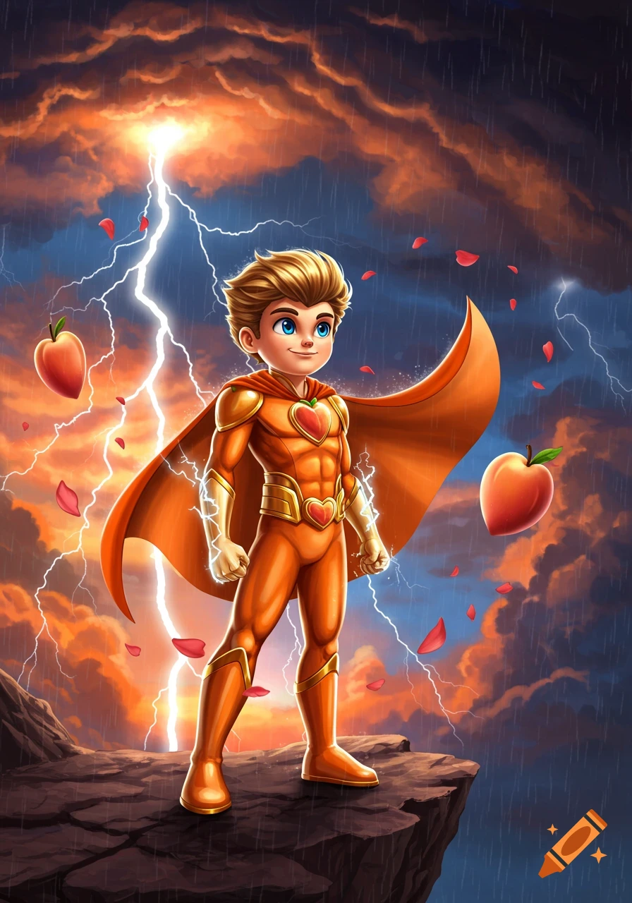 A cartoon superhero boy in an orange and gold suit stands on a cliff under a stormy sky with lightning, flying peaches, and petals.