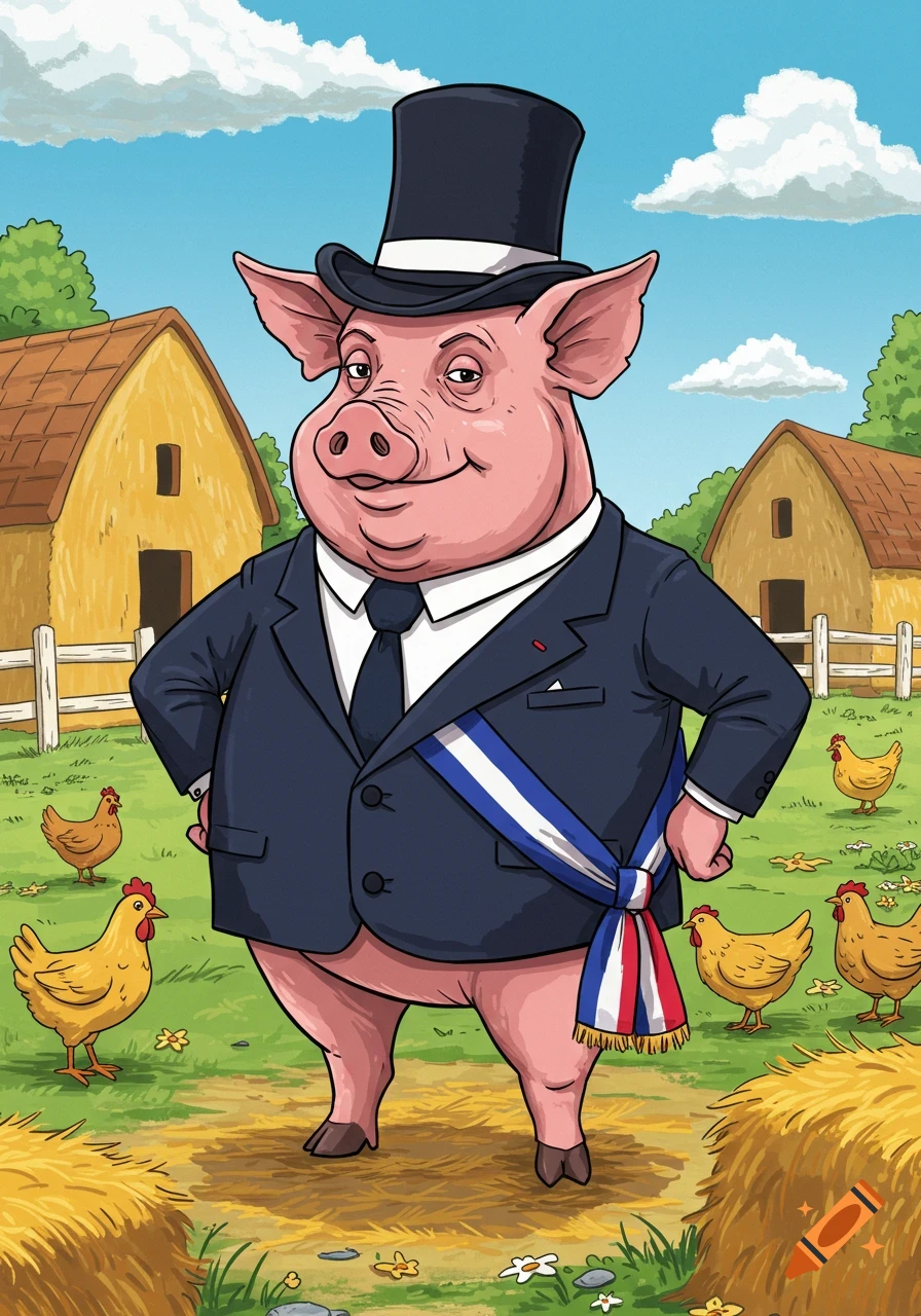 Cartoon pig in a suit, top hat, and striped sash, standing on a farm with chickens and barns.