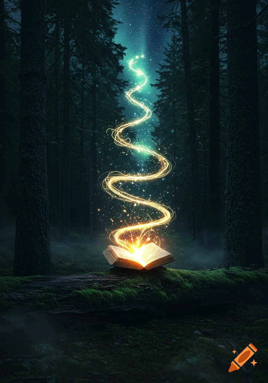 An open glowing book on a mossy log in a dark, mystical forest with swirling golden and green light rising into a starry sky.
