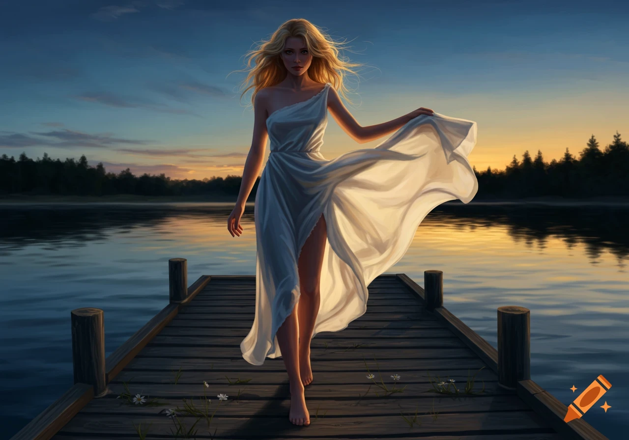 A blonde woman in a flowing white dress walks barefoot on a wooden dock over a serene lake at sunset.