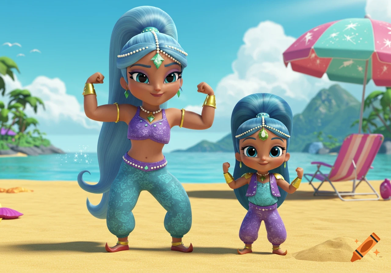 Shimmer's mom and Shimmer, 3D cartoon characters, flex their muscles on a tropical beach.