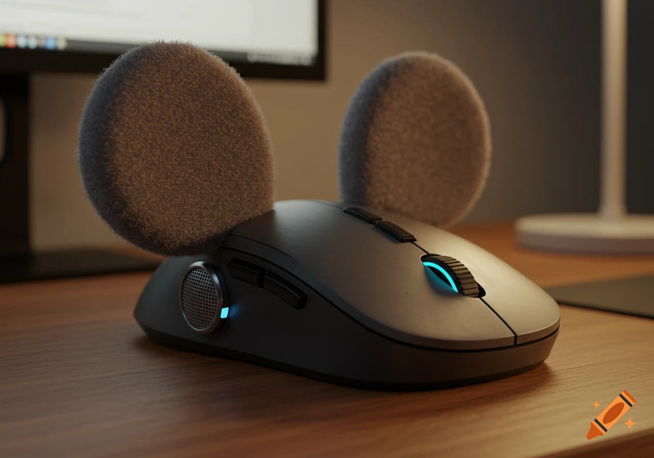A photorealistic gray computer mouse with large fuzzy gray ears, a microphone, and a blue illuminated scroll wheel on a wooden desk.