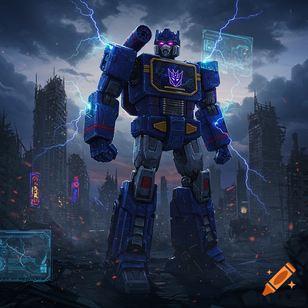 A giant blue and gray Soundwave robot stands in a ruined city with lightning in the stormy sky. A purple Decepticon symbol is on his chest.