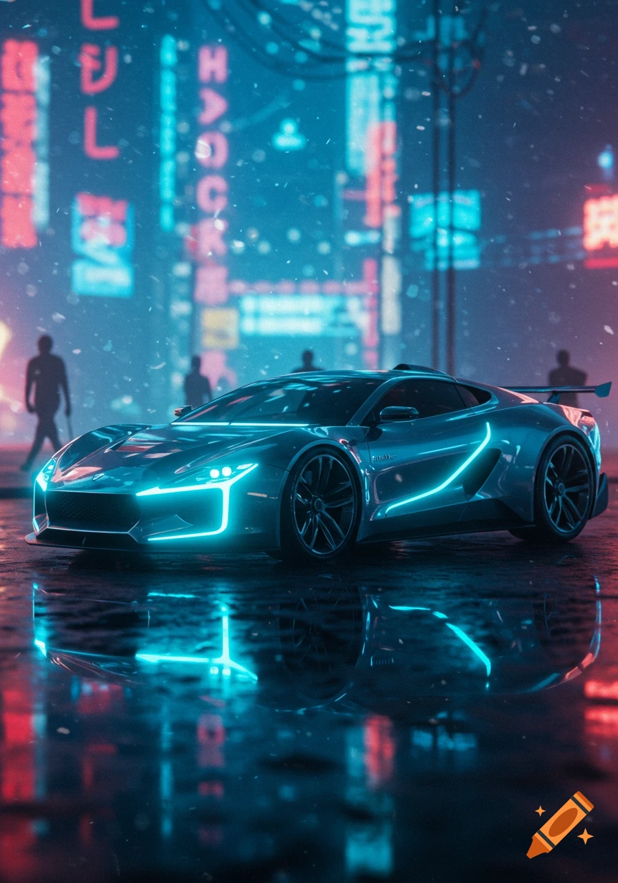 A sleek, glowing futuristic sports car parked on a wet street in a neon-lit cyberpunk city at night with falling snow.