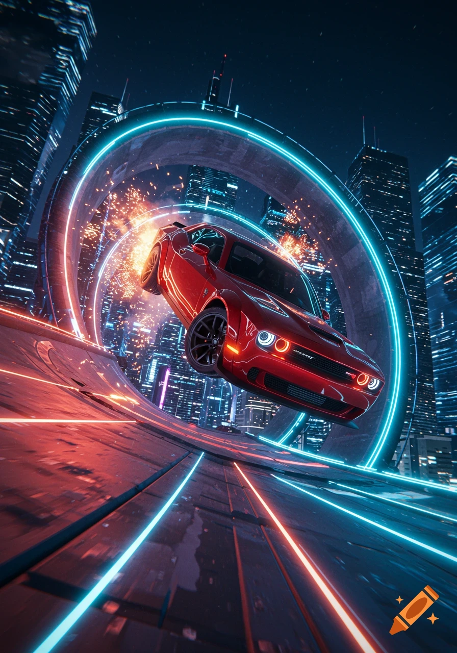 A red Dodge Challenger with glowing headlights speeds on a looping track with neon lights in a futuristic city at night.