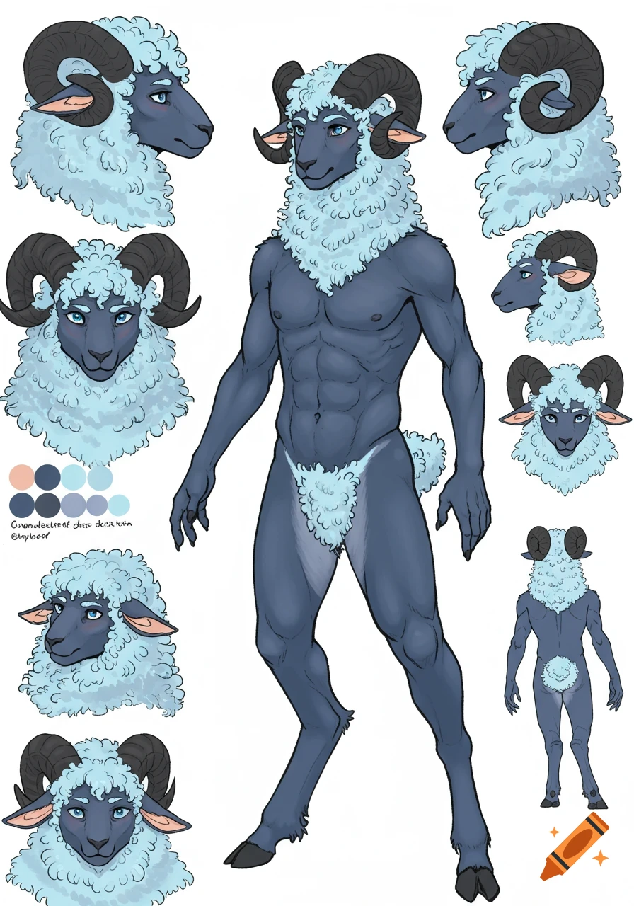 A light blue anthropomorphic ram character reference sheet with various head views and a full body view, showing dark blue skin and light blue wool.