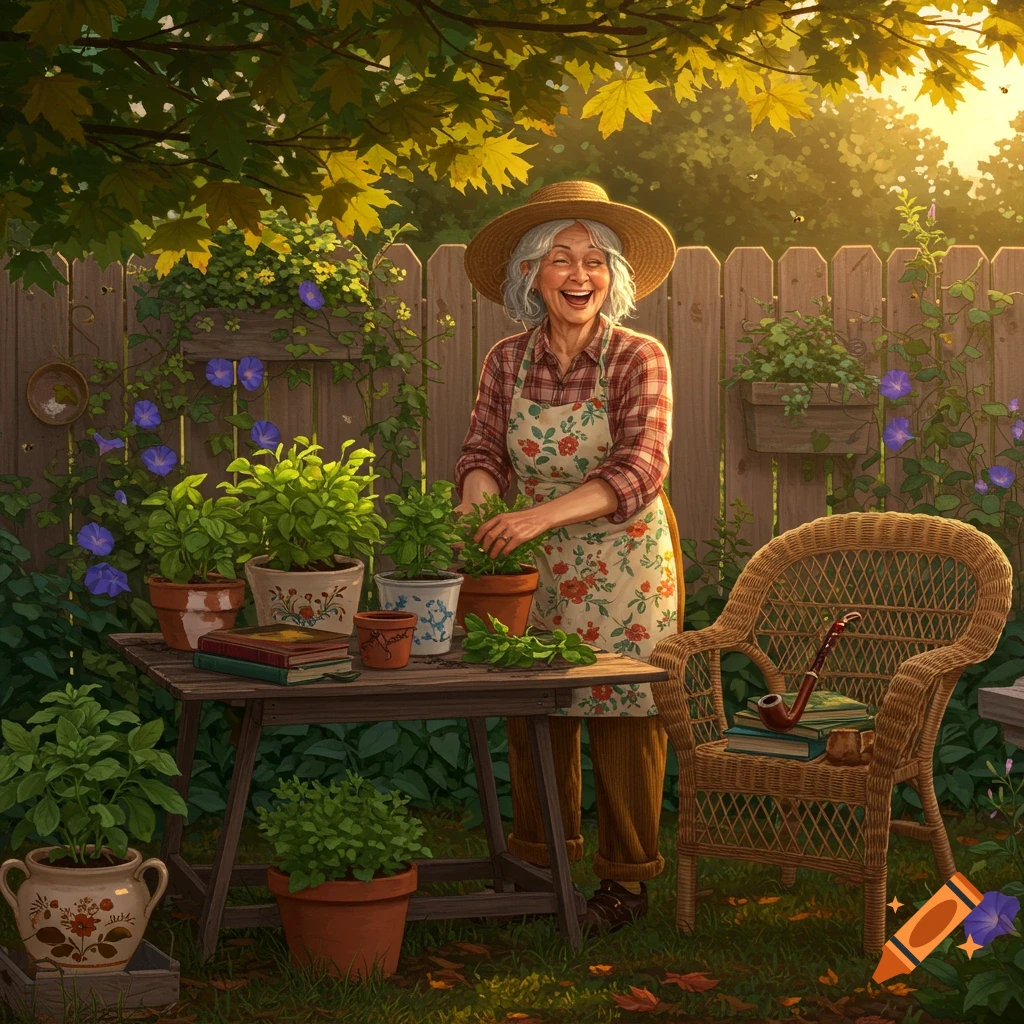 A joyful elderly woman with a straw hat and floral apron smiles while tending potted plants on a wooden table in a sunny garden.
