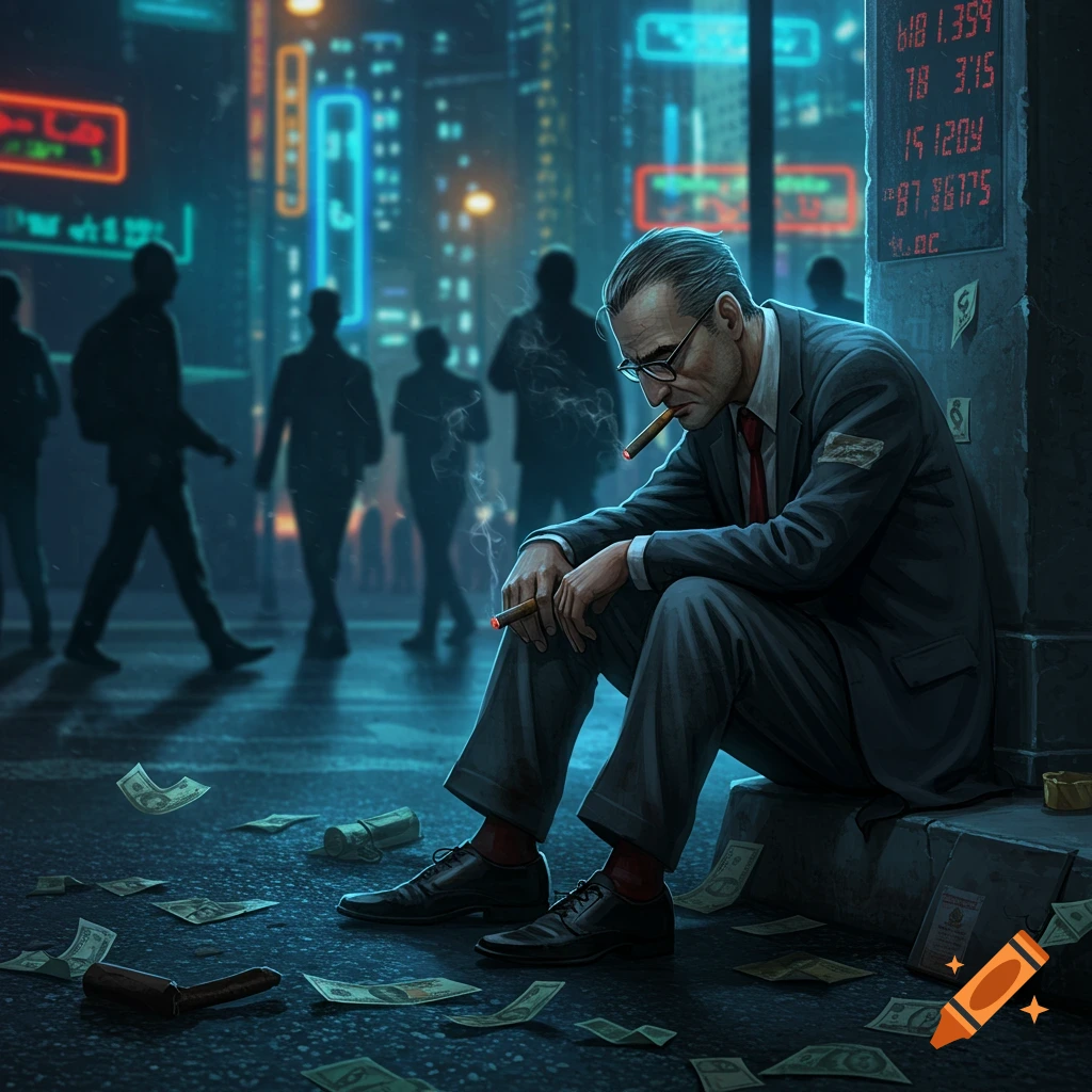 A dejected banker with a cigar sits on a neon-lit city street at night, with money scattered around him. Digital art.