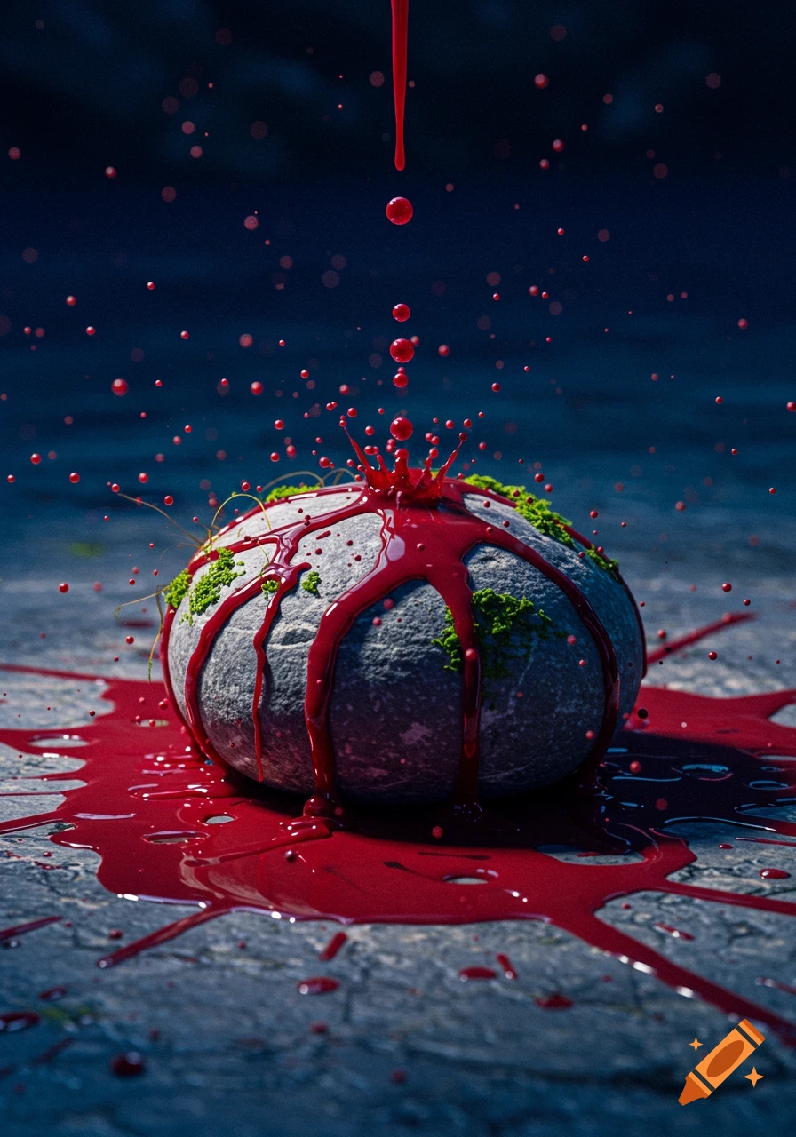 Close-up of a moss-covered grey stone being splattered with vibrant red liquid, with drops frozen in mid-air against a dark background.