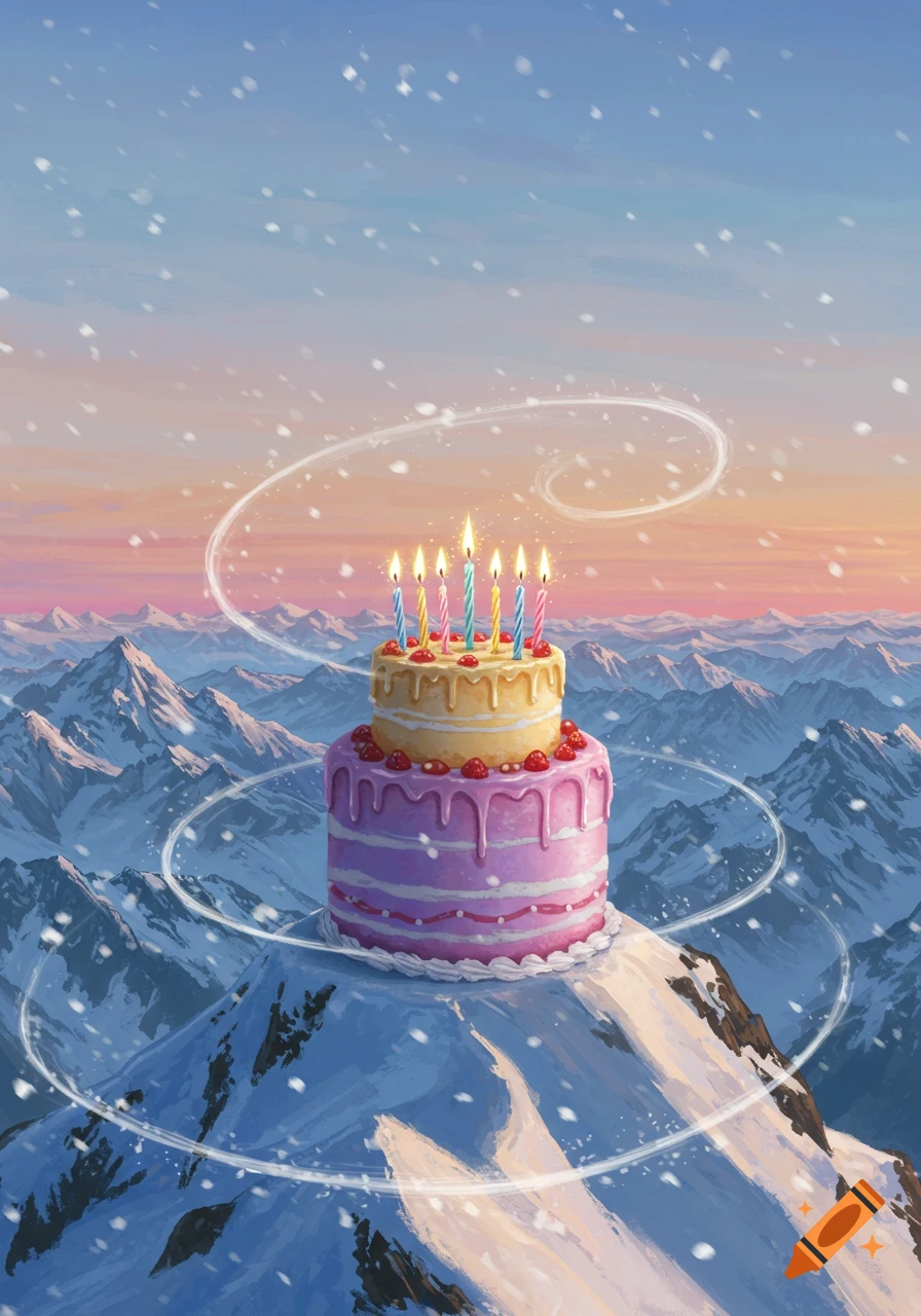 A two-tiered birthday cake with lit candles sits atop a snow-capped mountain, with a vast snowy mountain range and a colorful sky in the background, with snow falling.
