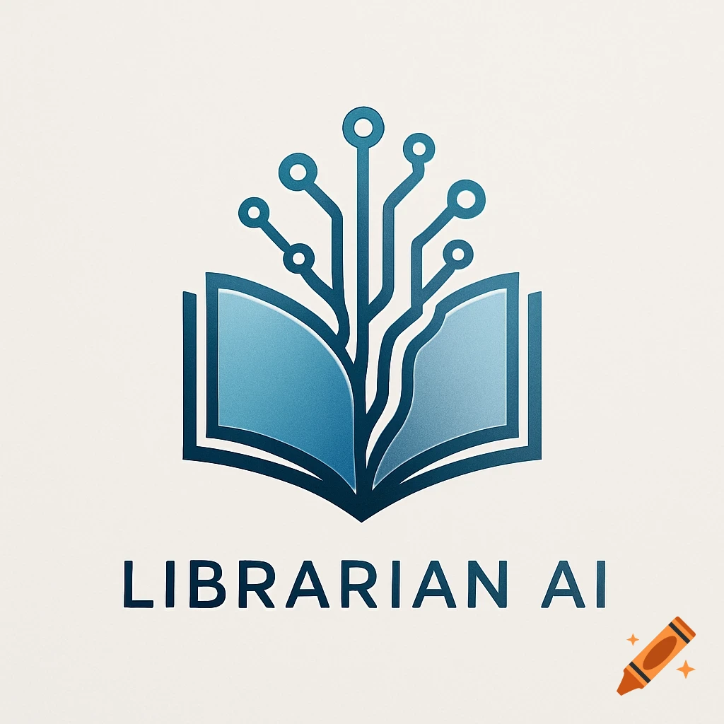 Blue logo featuring an open book with circuit board lines extending upwards, forming a tree-like pattern. Text below reads "LIBRARIAN AI".
