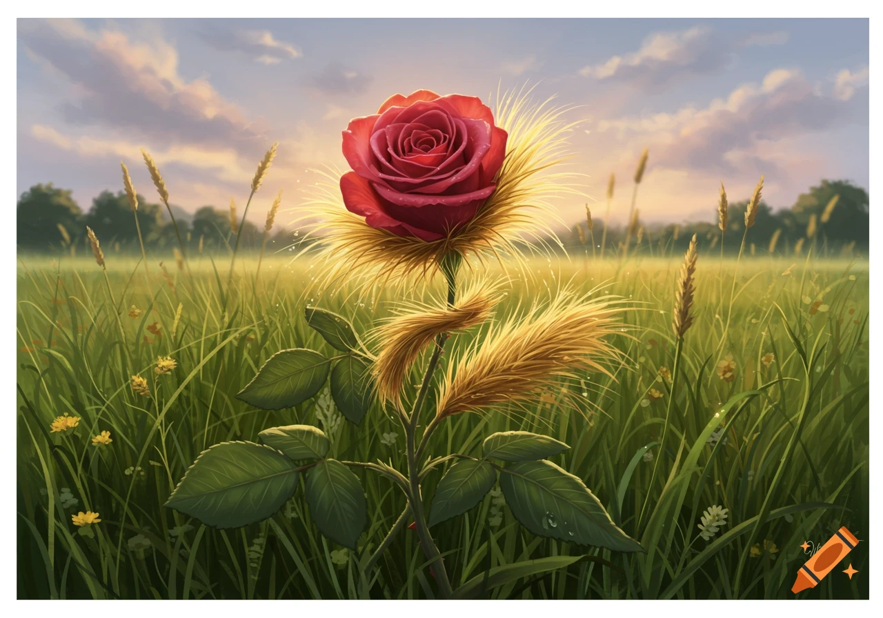 A red rose with a golden hay-like stem and base stands in a green field under a cloudy sky, in an illustrative style.