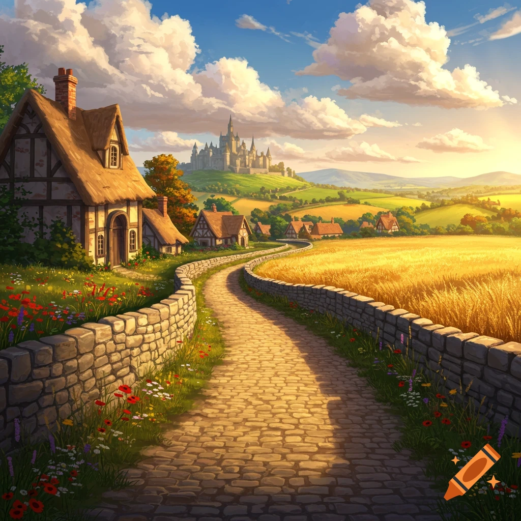 A winding cobbled path bordered by a stone wall leads through a vibrant countryside past a quaint medieval village towards a distant castle under a bright sky.