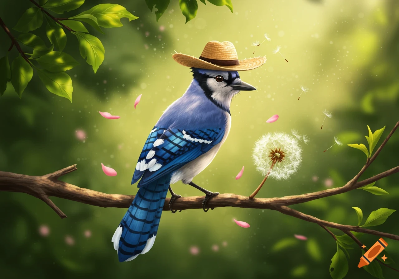 Vibrant illustration of a blue jay wearing a straw hat, perched on a branch in a lush green forest with floating dandelion seeds and pink petals.