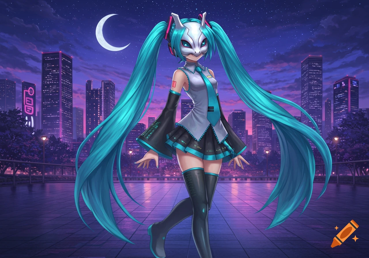 Hatsune Miku wearing a white Mewtwo mask in a dark city at night under a crescent moon, digital art.