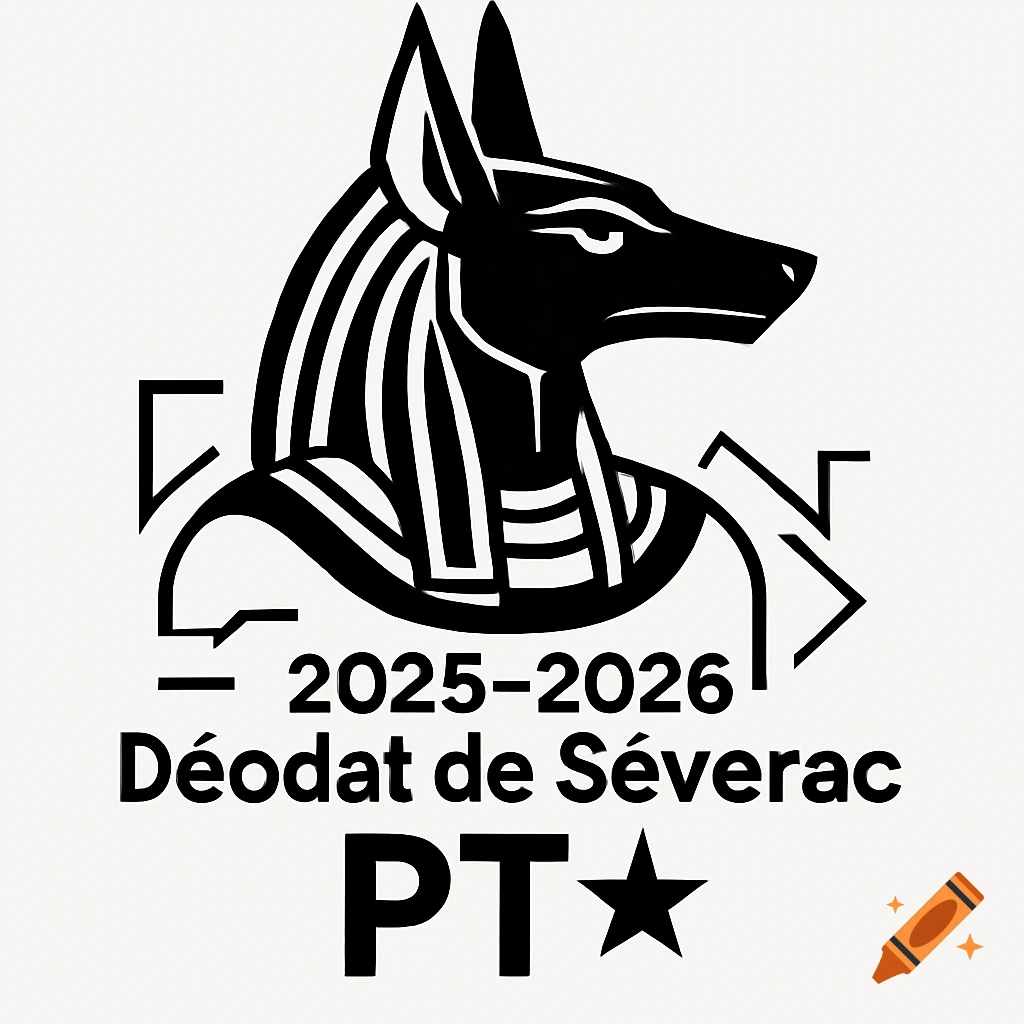 A black and white logo featuring an Anubis head, geometric lines, and the text '2025-2026', 'Déodat de Séverac', 'PT★'.