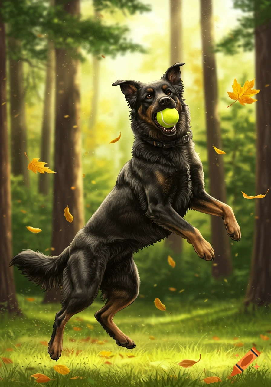 A black and tan German Shepherd mix dog jumps to catch a bright yellow tennis ball in a sunlit forest with falling autumn leaves.