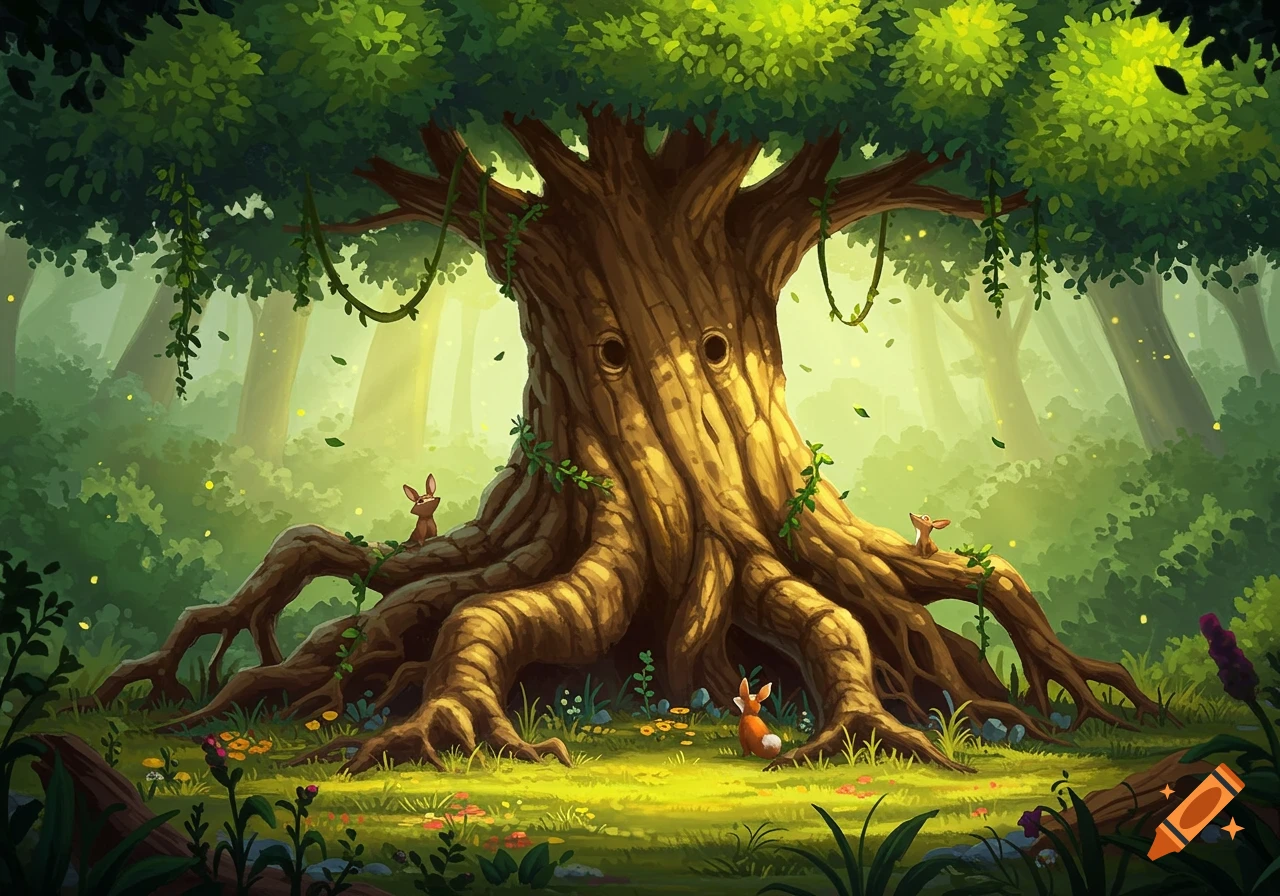 A large, ancient tree with gnarled roots forming a face, surrounded by small deer in a vibrant, magical forest illustration.