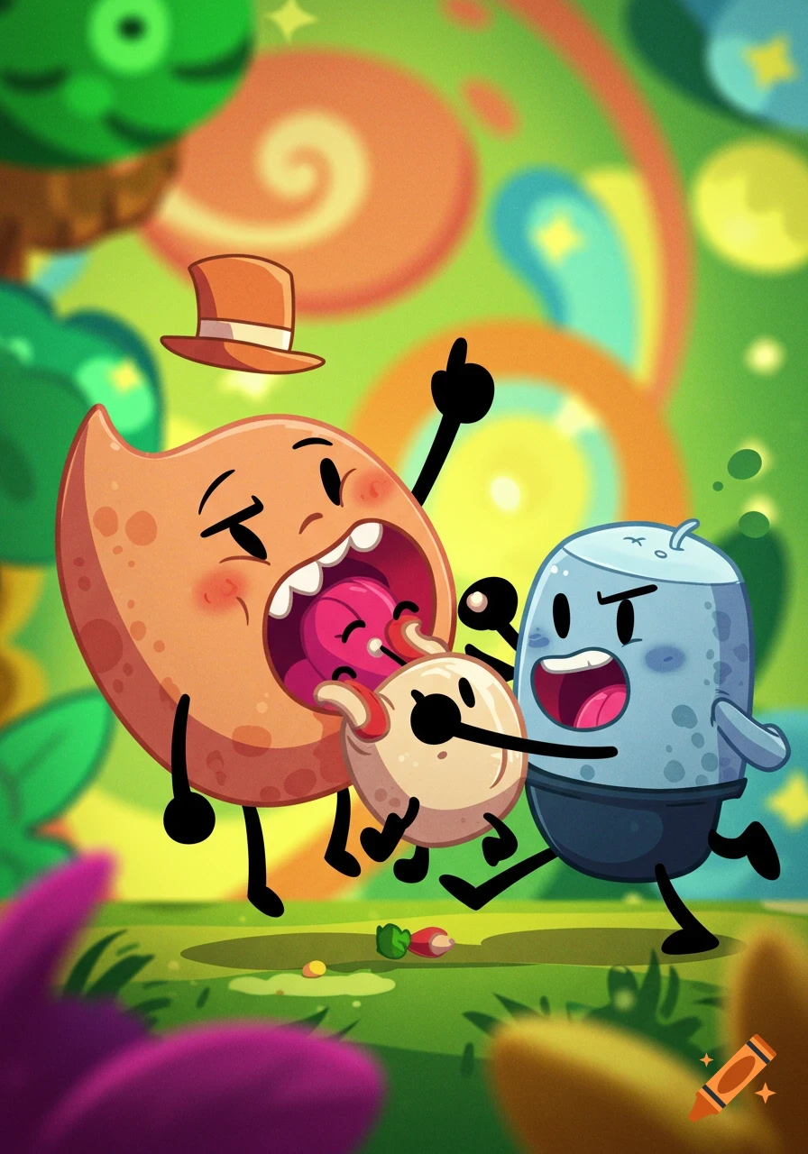 A large orange cartoon character eats a small white character, as a blue character looks on in shock, all in a vibrant, surreal cartoon landscape.