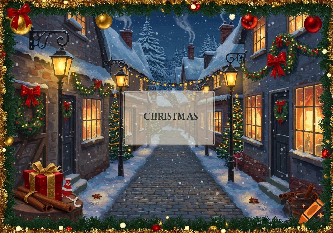 A snowy Christmas village street at night, with illuminated houses and street lamps, framed by a festive border. A central box reads "CHRISTMAS".