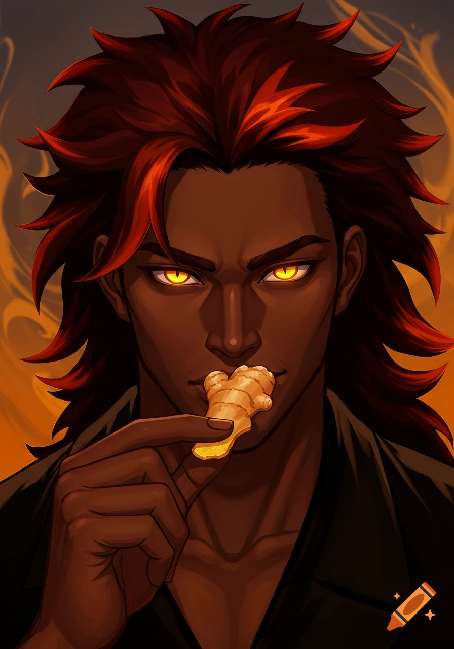 A stylized anime man with dark skin, fiery red hair, and glowing yellow eyes holds a piece of ginger to his lips.