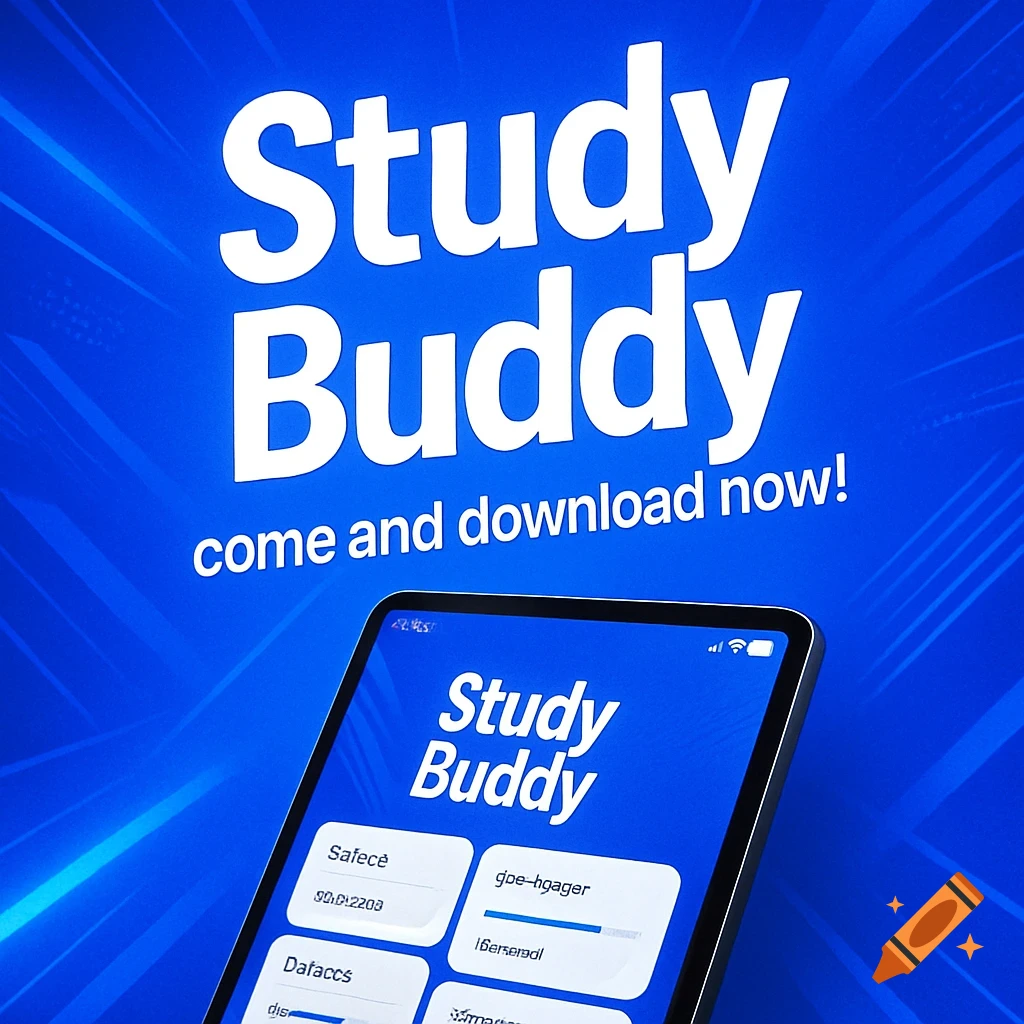 A promotional image for "Study Buddy" with bold white text on a bright blue background. A tablet displaying the app interface is shown below.