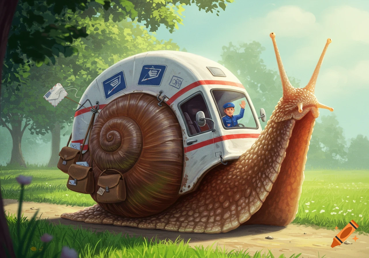 A cartoon snail with a mail van for a shell, driven by a mail carrier, travels on a dirt path through a grassy, sunny landscape.